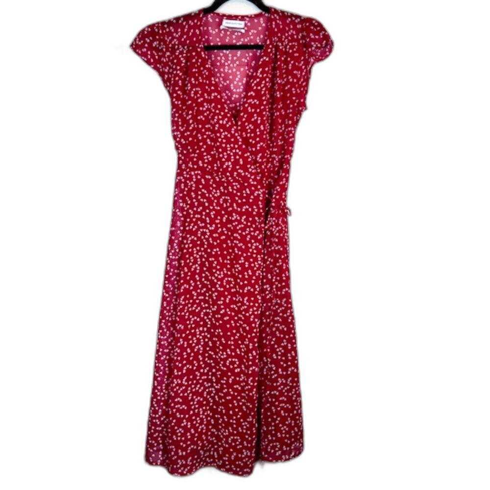 Urban Outfitters Red White Heart Print Wrap Midi Dress Cap Sleeve Boho XS